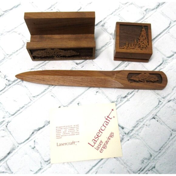 MCM Lasercraft Walnut Wood Business Card Holder Paperweight Letter Opener Trees - Picture 1 of 6